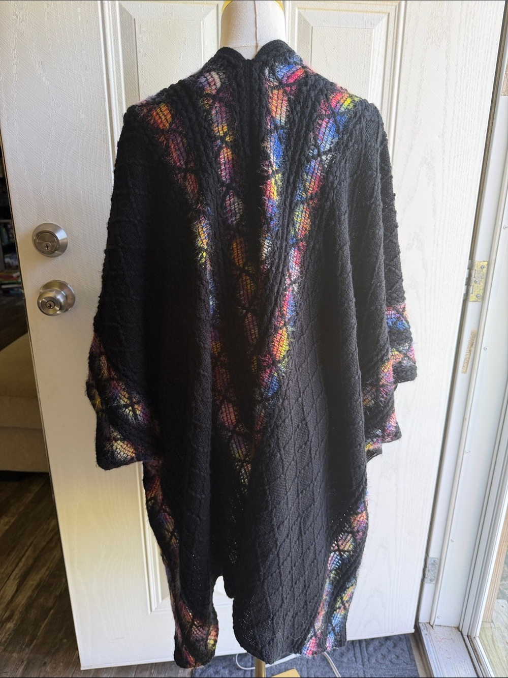Fairycore Whimsigoth Black Open-Front Women's Knit boho rainbow Poncho - Picture 6 of 8